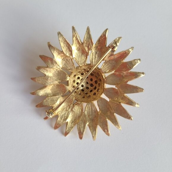 Vintage 50s Gold Tone Large Round Chunky Sun Flower Statement Brooch - Picture 6 of 10